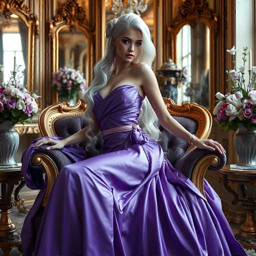 This image portrays a young woman, possibly in her late teens or early twenties, seated on a luxurious purple velvet chair with gold trim. She has long, flowing white hair, styled with a partial bun on the left side, and the rest cascading down her back. Her attire is a striking purple dress, featuring a sweetheart neckline and a bow detail at the waist. The dress is form-fitting from the bodice to the waist, then flares out with a full skirt. She accessorizes with a bracelet on her left wrist and a ring on her right hand. The setting is opulent, with gold-framed mirrors and candlesticks adorning the background, along with vases of white and pink flowers on either side of her. The overall ambiance suggests a grand, possibly royal, environment.