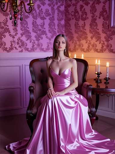 In this captivating photograph, a woman is elegantly seated in a luxurious chair, exuding grace and sophistication. She is adorned in a stunning pink dress that features a strikingly low-cut neckline, revealing a generous amount of cleavage. The dress is designed with a single strap that drapes over her shoulder, adding a touch of allure to her ensemble. Her long, flowing hair cascades down her back, framing her face beautifully. She is accessorized with a delicate bracelet on her wrist and wears long, dangling earrings that catch the light, enhancing her poised appearance.

The chair she sits on is equally impressive, crafted from rich brown wood with a plush, purple cushion that adds a regal touch to the scene. The room around her is bathed in a soft, pinkish-purple glow, creating an ethereal atmosphere. The walls are adorned with intricate floral patterns, adding a touch of vintage charm to the setting. To her right, a table holds four lit candles, their warm glow contributing to the serene ambiance. The floor beneath her is a rich brown, grounding the scene with warmth. The overall composition of the photograph is both elegant and enchanting, capturing a moment of timeless beauty.