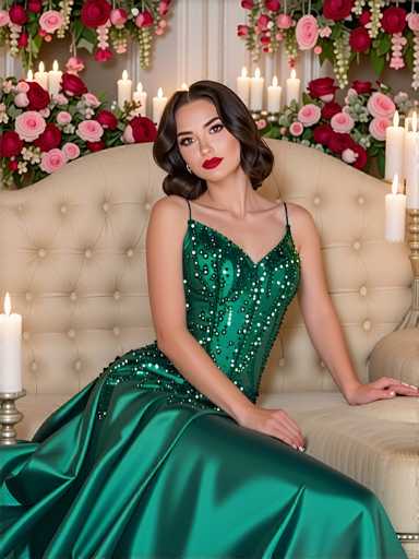 A young woman in a vibrant emerald green sequined gown sits gracefully on an ornate cream-colored sofa, bathed in soft candlelight. The dress features a fitted bodice with intricate green sequins and a flowing skirt that drapes elegantly. Her dark hair is styled in soft waves, framing her face with a bold red lipstick. She gazes directly at the viewer with a serene expression. The background is a romantic, softly blurred scene of white candles and pink roses, creating a warm and elegant ambiance. The lighting is soft and diffused, highlighting the woman's figure and the details of her dress.