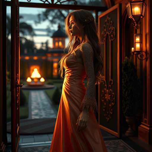 The image depicts a young woman with long, dark hair adorned with a barrette, standing in the doorway of an ornate, possibly AI-generated, mansion. She is wearing a sleeveless, tight-fitting dress that appears to be a peach or orange color, though the exact shade is difficult to discern due to the warm, golden light bathing the scene. The dress features intricate lace detailing on the shoulders and sleeves, which extend to her wrists. The woman is positioned with her body facing left, her head turned slightly towards the camera, and her gaze directed to the left. The doorway she stands in is large and open, with a wooden frame and a black door featuring gold accents. To her right, there are two wall sconces with glass coverings and yellow lights, casting a warm glow. The interior floor is tiled in gray, transitioning to a patterned rug with blue and white designs. Beyond the doorway, a stone pathway leads to a circular fountain with three flames, and further back, a large, illuminated building with a dome-like roof can be seen. The sky above is a mix of blue and gray, suggesting either dusk or dawn.
