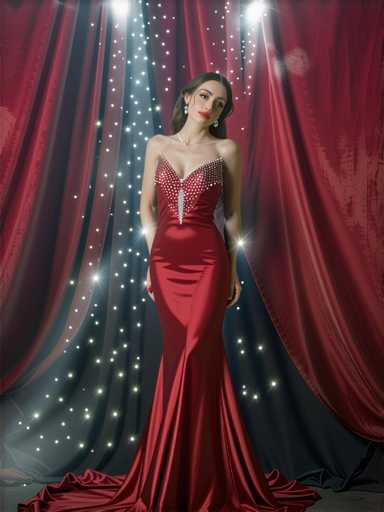 A woman is standing in front of a red curtain with white stars on it. She is wearing a long, flowing red dress that reaches down to her knees and has a plunging neckline. The background is dark, which contrasts with the bright red color of the curtain and highlights the woman's figure.