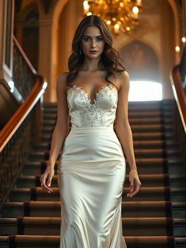 A stunning photograph captures a woman descending a grand, ornate staircase, exuding elegance and poise. She is adorned in a breathtaking wedding gown, the fabric shimmering with a delicate off-white hue. The gown features a deep V-neckline embellished with intricate lace, highlighting her graceful décolletage. Her long, wavy brown hair cascades down, framing her face and adding to her ethereal appearance. She wears a ring on her right hand, subtly catching the light. The staircase itself is a masterpiece, with rich brown wooden steps accented by a striking red border. The walls surrounding her are painted a warm beige, enhancing the luxurious ambiance. Above her, a magnificent chandelier casts a soft glow, its numerous lights creating a mesmerizing display. The overall scene is one of timeless beauty and refined sophistication.