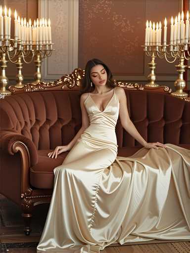 A woman is seated on a brown couch with her legs crossed and hands resting on the armrests. She is wearing a long, flowing white dress that cascades down to her feet. The room has a warm, inviting atmosphere with gold-colored walls and chandeliers hanging from them.