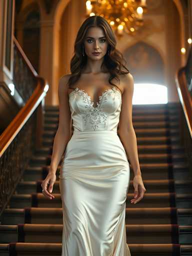 A woman is walking down a staircase wearing a white strapless gown with intricate beading and a train trailing behind her. The staircase has a wooden railing on the left side and a chandelier hanging from the ceiling in the background.