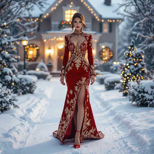 A stunning woman stands gracefully in front of a grand, two-story house adorned with festive Christmas decorations. She is dressed in a breathtaking red gown embellished with intricate gold embroidery, featuring a daring slit that extends up to her thigh. Her ensemble is completed with elegant red high heels. The woman, with her long brown hair cascading down and striking red lipstick, exudes confidence and beauty. The house behind her is a majestic structure with a snow-covered roof and numerous windows, each framed by lush green wreaths adorned with twinkling lights. The front porch, supported by four stately columns, is also decorated with a wreath and illuminated by warm lights. The ground is blanketed in snow, with tracks visible in the pristine white, and snow-covered bushes and trees add to the picturesque winter scene.