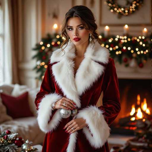 A stunning woman, possibly a model, stands gracefully in a festive living room, embodying the holiday spirit. She is adorned in a luxurious red velvet coat, reminiscent of Santa Claus's attire, complete with a plush white fur collar and cuffs. Her long brown hair is elegantly styled in an updo with soft curls framing her face, accentuating her striking features. She wears a touch of red lipstick that complements her fair complexion and the rosy hue of her cheeks. Her eyes are accentuated with dark eyeliner, and she sports long, dangling earrings that add a touch of glamour to her look.

In her hands, she holds a silver Christmas ornament, and her nails are painted a vibrant red, matching the festive theme. The background reveals a cozy living room decorated for the holidays. A white couch with red pillows sits to her left, while a lit fireplace adds warmth to the scene. A Christmas tree adorned with twinkling lights and red ornaments stands proudly in the corner, and a wreath hangs on the wall, completing the festive ambiance. The overall image exudes a sense of holiday cheer and elegance.