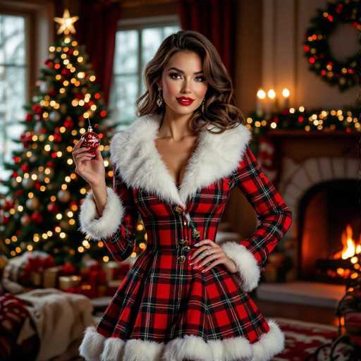 In this festive holiday scene, a woman stands gracefully in the center of a cozy living room, exuding holiday cheer. She is adorned in a striking red and black plaid dress with a V-neckline, complemented by white fur trim that lines the collar, wrists, and hem. Her long, wavy brown hair cascades down to her shoulders, framing her face beautifully. She wears red lipstick and dangle earrings, adding a touch of elegance to her ensemble. In her right hand, she holds a red and white Christmas ornament, while her left hand rests confidently on her hip.

The background is a warm and inviting Christmas setting. To the left, a beautifully decorated Christmas tree stands tall, adorned with red and white ornaments and crowned with a large star. The tree is surrounded by wrapped presents, enhancing the festive atmosphere. On the right side of the image, a fireplace with a burning fire adds to the cozy ambiance, with a white hearth and a Christmas wreath hanging above it. Candles on the mantel further illuminate the scene. The room features a red and white carpet, and through the windows, a snowy landscape can be seen, completing this picturesque holiday tableau.