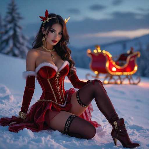 In this captivating image, a woman is seated gracefully in the snow, exuding an air of elegance and allure. She is adorned in a striking red corset that accentuates her figure, paired with a matching red skirt that features a delicate white fur trim at the top. Her ensemble is completed with long, red gloves that extend up to her elbows, adding a touch of sophistication. She wears thigh-high stockings, each adorned with a black band embellished with gold accents, and her feet are clad in stylish red boots with high heels.

Her long, dark brown hair cascades down her shoulders, framing her face beautifully. She accessorizes with a gold headband that is adorned with red feathers, complementing her red lipstick and the gold earrings that dangle from her ears. Around her neck, she wears a gold choker necklace, adding a touch of opulence to her look.

In the background, a red sleigh with gold trim and illuminated lights stands out, adding a magical touch to the scene. The sleigh is positioned on a snowy hill, with a snow-covered tree to the left and a backdrop of majestic mountains. The sky above is a mix of blue and gray, with clouds that add depth to the serene winter landscape.