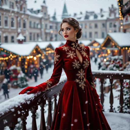 A captivating winter scene unfolds in this photograph, showcasing a woman standing gracefully on a snow-covered balcony. She is adorned in a striking red dress embellished with intricate gold snowflake patterns, perfectly complemented by matching red gloves. Her dark brown hair is elegantly styled in an updo, with a few loose strands framing her face, and she wears a delicate white flower as an accessory. Her makeup is bold and beautiful, featuring bright red lipstick and dramatic dark eyeshadow that accentuates her eyes. She gazes off to the left, exuding a serene and poised demeanor.

The balcony itself is made of dark brown wood, with snow delicately dusting its surface. Below, the ground is blanketed in snow, and a crowd of people can be seen milling about. In the background, a row of buildings with pointed roofs is adorned with twinkling yellow lights, adding a festive touch to the scene. The rooftops and the tops of the buildings are also covered in snow, enhancing the wintry atmosphere. The sky above is a muted gray, completing this picturesque winter tableau.