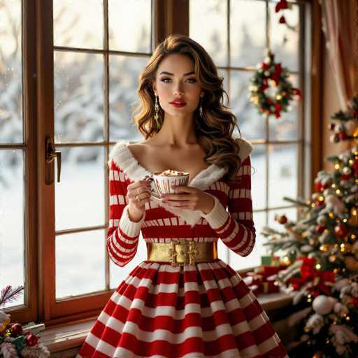 A stunning woman with long, wavy brown hair and striking blue eyes stands gracefully in front of a large window, framed by a cozy Christmas setting. She is adorned in a festive red and white striped dress, accentuated by a gold belt with a prominent buckle. Her ensemble is completed with elegant gold earrings, and she holds a white cup with red stripes, filled with a frothy beverage, possibly hot chocolate or coffee. The window behind her reveals a picturesque winter scene, with snow-covered trees and a blanket of snow on the ground. A wooden door with a gold handle is visible to the left, adding a touch of warmth to the scene. To the right, a beautifully decorated Christmas tree stands, adorned with gold and red ornaments, a large red bow, and white decorations. A Christmas wreath hangs on the wall, enhancing the festive atmosphere. The woman's long, slender fingers and the overall composition suggest that this image might be AI-generated, as it exudes an almost surreal perfection.
