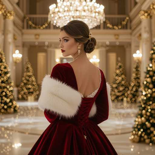 A stunning woman stands gracefully in a luxurious ballroom, her back to the camera but her face turned over her right shoulder, engaging directly with the viewer. She is adorned in a sumptuous red velvet gown, intricately laced up the back and embellished with delicate lace trim. The dress features a dramatic V-shaped cutout that extends to her waist, revealing a glimpse of her back. Her right arm is elegantly bent at the elbow, resting on her hip, while her left arm is obscured by a luxurious white fur stole draped over her shoulder.

Her hair is styled in an exquisite updo, with a bun at the nape of her neck, accentuated by a gold hair clip. She wears a striking gold earring, shaped like a teardrop with a dangling center, and a simple yet sophisticated gold chain necklace. Her makeup is bold and glamorous, with bright red lipstick and meticulously applied eye makeup, highlighting her dark brown hair.

The opulent ballroom around her is adorned with numerous Christmas trees, each tree twinkling with golden lights that reflect off the shiny white marble floor. The room is further enhanced by a grand chandelier hanging from the ceiling, casting a warm glow over the scene. The walls are painted a rich gold, and the space is framed by elegant white pillars, completing the luxurious and festive atmosphere.