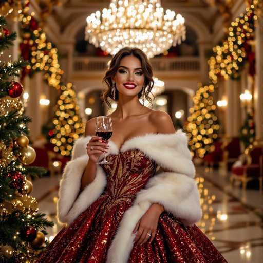 In this captivating photograph, a stunning woman stands gracefully in the grand lobby of an opulent mansion. The setting is adorned with numerous Christmas trees, each meticulously decorated with gold tinsel and a variety of ornaments in red, gold, and silver, adding a festive touch to the scene. The woman, who appears to be of mixed heritage with possibly Hispanic or Italian features, exudes elegance in a striking red dress embellished with gold accents. The dress is designed with a deep V-neckline that reveals her shoulders and chest, and it flares out into a voluminous skirt. Draped over her shoulders is a luxurious white fur stole, enhancing her sophisticated appearance. Her long, dark brown hair cascades down her back, complementing her radiant smile and bright red lipstick. She holds a glass of red wine in her right hand, while her left hand rests on her dress, showcasing a ring on her ring finger. The grandeur of the mansion's lobby, with its high ceilings and lavish decor, serves as a perfect backdrop for this enchanting portrait.
