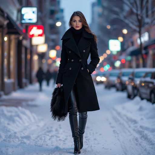 A striking photograph captures a woman confidently striding down a snow-covered street, framed by a blurred urban backdrop. She is dressed in a chic black trench coat, adorned with a fur-trimmed hood that rests stylishly around her neck. The coat features a belt cinched at her waist, and she pairs it with sleek black leather pants and matching boots. Her long brown hair cascades down, complementing her fair skin and bold red lipstick. In her right hand, she clutches a black purse, adding to her sophisticated ensemble. The street is blanketed in snow, with cars parked along the right side and a sidewalk on the left. The background is a tapestry of out-of-focus buildings and neon signs, with a particularly noticeable red sign on the left. The woman's poised demeanor and fashionable attire stand out vividly against the wintry, blurred cityscape.