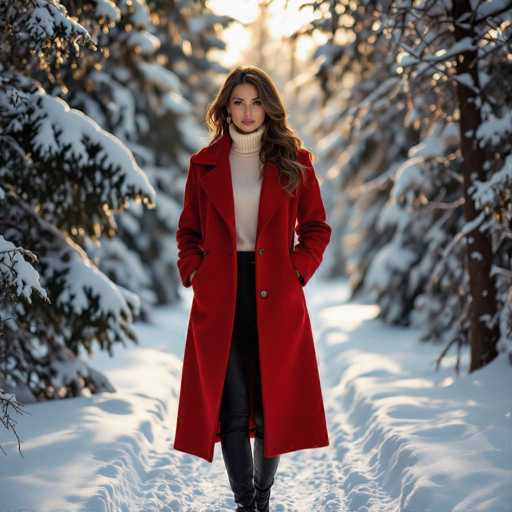 A stunning photograph captures a woman standing in a serene, snow-covered forest. She is positioned in the middle of a narrow path, flanked by towering trees heavily laden with snow. The woman, who appears to be of Caucasian descent, has long, wavy brown hair cascading over her shoulders. She is dressed in a stylish ensemble featuring a long, red coat with three buttons on the right side, a white turtleneck sweater, black pants, and black boots. Her hands are tucked into the pockets of her coat, and she gazes directly at the camera with a composed expression. The scene is bathed in soft, golden light, suggesting that the sun is either rising or setting, casting a warm glow over the snowy landscape. The overall composition of the image is both elegant and tranquil, highlighting the beauty of the natural setting and the woman's poised presence.