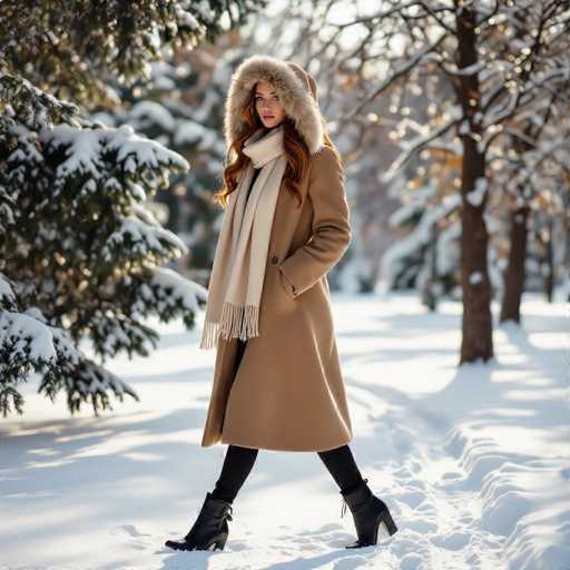 A stunning winter scene captures a young woman standing gracefully in a snow-covered forest. She is dressed in a long, light brown trench coat with a fur-lined hood that frames her face, complemented by a long, cream-colored scarf with fringes. Her outfit is completed with black leggings and black boots with high heels. The woman, who has long, wavy auburn hair cascading down to her chest, is looking directly at the camera with a serene expression. The background features a mix of bare trees and snow-laden evergreens, with sunlight filtering through the branches, casting a soft glow on the pristine white snow beneath her feet. The overall composition exudes a sense of quiet beauty and tranquility in the midst of a winter wonderland.