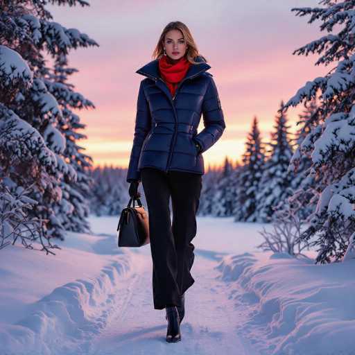 A stunning photograph captures a young woman in her early 20s, standing confidently in a serene winter landscape. She has long, dirty blonde hair cascading down her shoulders and is adorned with elegant earrings. Her striking red lips stand out against her fair complexion. She is dressed in a stylish ensemble featuring a vibrant red scarf, a navy blue puffer jacket with a high collar, black pants, and black boots. In her right hand, she holds a sleek black purse.

The backdrop is a picturesque winter wonderland, with snow-covered ground and a line of snow-laden pine trees on either side of her. The sky above is a mesmerizing blend of pink and yellow hues, suggesting either a sunrise or sunset. The woman stands on a plowed path, with snow piled up on either side, adding to the tranquil and picturesque scene.