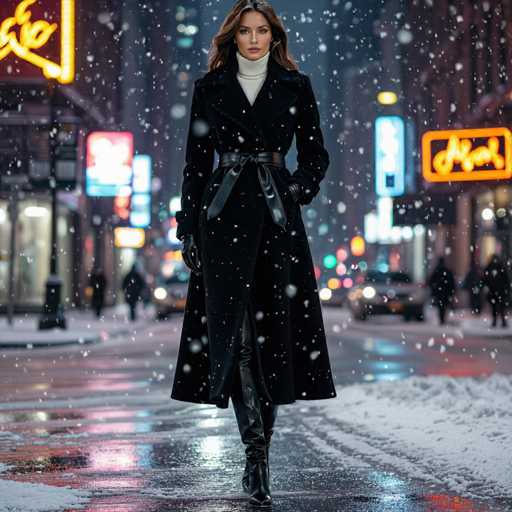 The image features a beautiful woman wearing a long black coat and boots, standing on a snowy street in the city. She is positioned in front of a store with neon lights that illuminate her figure against the falling snowflakes. The scene captures the essence of winter fashion and urban life, showcasing how people adapt to different weather conditions while going about their daily routines.