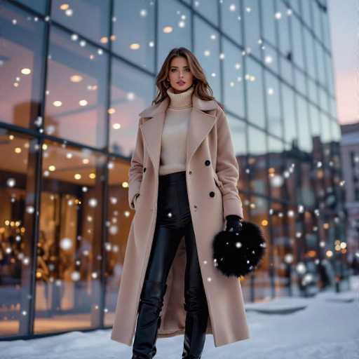 A striking photograph captures a young woman standing confidently in front of a modern glass building, likely a department store, as the sun sets. The building's facade is composed of numerous glass panels, each framed by sleek black lines, creating a contemporary and sophisticated look. The woman, who appears to be in her early 20s, has long, wavy brown hair cascading down to her shoulders. She is dressed in a chic ensemble featuring a white turtleneck sweater, a long beige trench coat adorned with black buttons, and tight black leather pants. Her outfit is complemented by knee-high black boots and a black fur ball accessory in her left hand. The ground beneath her is blanketed in snow, and delicate snowflakes are falling around her, adding a touch of winter magic to the scene. The sky above is a beautiful blend of pink and blue hues, indicating the time of day. In the background, other buildings are visible, though they are blurred, keeping the focus on the woman and the snowy foreground.
