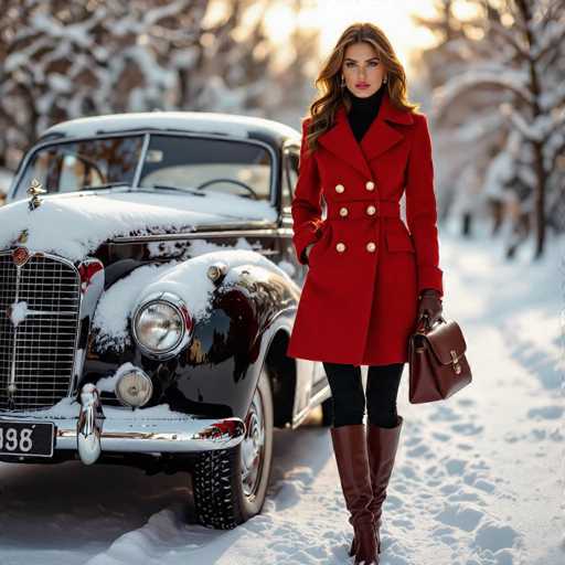 A stunning woman stands confidently in front of a vintage black car, her presence commanding attention. She is dressed in a striking red double-breasted coat adorned with gold buttons, paired with a black turtleneck sweater. Her outfit is completed with black leggings and knee-high brown leather boots. She accessorizes with a brown leather purse in her left hand and brown leather gloves, while her right hand is tucked into her coat pocket. Her long, wavy brown hair cascades down, framing her face, which is highlighted by red lipstick and a serious expression. The background features a snowy landscape with trees, and the car behind her is covered in snow, adding to the wintry atmosphere. The car's front license plate is partially visible, showing the numbers "98."