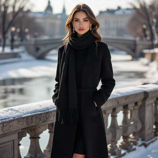 A captivating photograph showcases a stunning woman standing in front of a picturesque winter landscape. The scene is set against a backdrop of a serene river, spanned by a charming bridge. Beyond the bridge, a grand building with a distinctive spire rises, adding to the architectural beauty of the setting. The woman, with her fair complexion and striking features, exudes elegance. Her long, wavy brown hair casc down, complementing her dark eyes and full lips. She is adorned with a pair of delicate earrings and a black scarf wrapped around her neck. Her attire consists of a stylish black coat, which is cinched at the waist with a matching belt. The coat features two practical pockets, and she casually rests her hands in them. The coat's hemline reveals a glimpse of her black skirt, and a hint of her bare leg is visible, adding a touch of allure to her poised stance. The overall composition of the photograph beautifully captures the essence of winter fashion and the timeless grace of the woman.