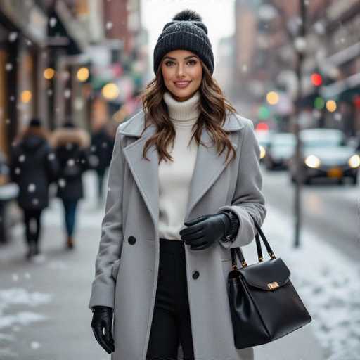 A woman stands confidently on a snow-dusted sidewalk, framed by a bustling city street. She is dressed in a stylish ensemble featuring a long gray coat with black buttons, a white turtleneck sweater, black pants, and black leather gloves. Her long brown hair cascades from beneath a black beanie adorned with a small pom-pom. She carries a sleek black leather purse with a gold clasp and gold accents on the handles. The background is blurred, highlighting her as the focal point, but you can make out other pedestrians, cars with headlights on, and buildings with illuminated windows, all contributing to the wintry urban atmosphere.