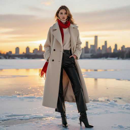 In this captivating winter scene, a stylish woman stands on a snow-covered surface, possibly a frozen lake, with a city skyline in the background. The sky is painted in hues of orange and pink, suggesting either sunrise or sunset, with a few clouds scattered across it. The woman, who has long, wavy brown hair, is dressed in a chic winter outfit. She wears a long, cream-colored trench coat with black buttons, a red turtleneck sweater, a black leather belt, black leather pants, and black high-heeled boots. A red scarf is wrapped around her neck, with its ends hanging down. She stands confidently with her hands in her pockets, gazing directly at the camera. The background features a blurred city skyline with tall buildings, adding depth to the image. The overall composition exudes a sense of elegance and poise against the serene, wintry backdrop.