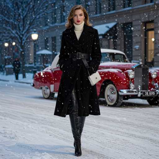 A woman stands confidently in the middle of a snow-covered street, her presence commanding attention. She is dressed in a long black coat that extends to her knees, cinched at the waist with a black belt. Beneath the coat, she wears a white turtleneck sweater, adding a touch of contrast to her ensemble. Her lower half is adorned with sleek black leather pants, and her feet are encased in knee-high black boots, completing her stylish look. She carries a small white purse in her left hand, which is tucked into the pocket of her coat. Her long, dirty blonde hair cascades down, framing her face, which is accentuated by her red lipstick. She gazes directly at the camera, exuding a sense of poise and self-assurance.

In the background, a vintage red car with a white roof stands out, its black license plate reading "59BPG." The car is parked on the side of the street, adding a nostalgic touch to the scene. Snowflakes gently fall around her, and the street is blanketed in a thick layer of snow, creating a serene winter atmosphere. The woman's shadow is cast on the snow-covered ground, adding depth to the image.