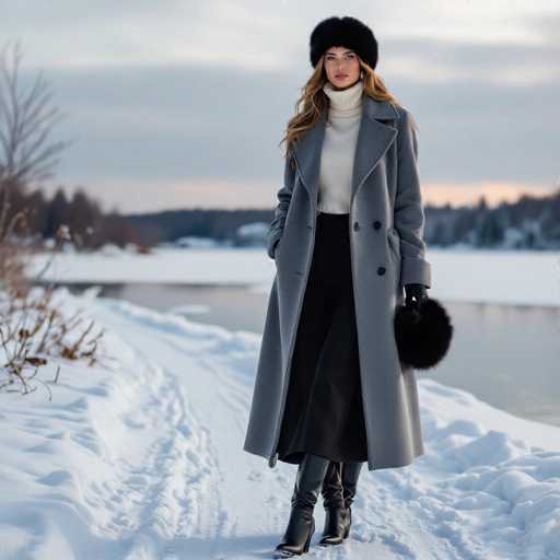 A captivating winter scene features a woman standing in a snowy landscape, exuding elegance and warmth. She is dressed in a stylish ensemble consisting of a long, gray coat with black buttons, a white turtleneck sweater, a black skirt, and black boots. Her long, wavy brown hair cascades down to her chest, and she wears a black fur hat that adds a touch of coziness. In her left hand, she holds a black fur ball, possibly a mitten or a decorative accessory. The background reveals a serene body of water, likely a lake or river, with a snow-covered shoreline and a distant mountain range. The sky is overcast, casting a soft, diffused light over the scene. To the left, a few bare trees stand against the wintry backdrop, completing this picturesque winter tableau.