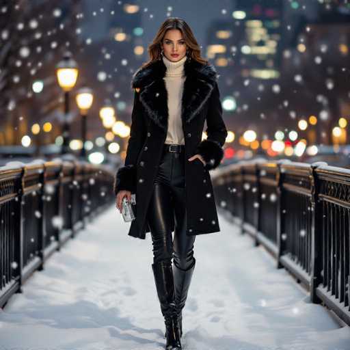 A striking photograph captures a woman confidently striding towards the camera on a snow-covered bridge. She is dressed in a chic black fur coat, paired with sleek black leather pants and knee-high black boots. Her outfit is complemented by a white turtleneck sweater, and she accessorizes with a black belt featuring a silver buckle. In her right hand, she holds a small silver purse, while her left hand is casually tucked into her coat pocket. Her long brown hair cascades down, framing her face adorned with red lipstick and dangling earrings. The background reveals a wintry cityscape with snowflakes gently falling, blurred buildings, and streetlights casting a warm glow. The bridge she walks on is lined with black metal railings, adding to the urban yet serene atmosphere of the scene.