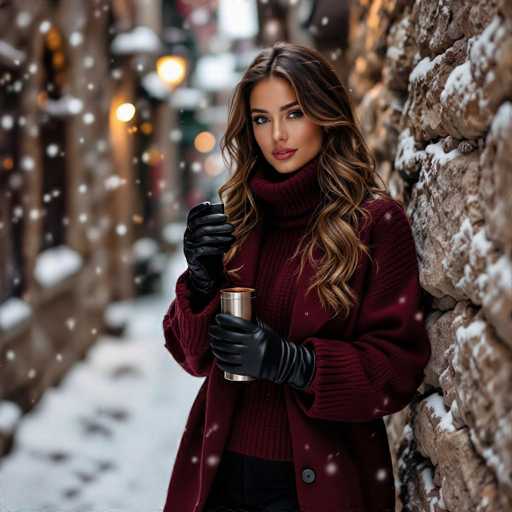 A stunning woman stands gracefully against a snow-covered stone wall, her presence captivating in the midst of a serene winter scene. She is dressed in a rich burgundy turtleneck sweater, layered with a matching burgundy coat that features a single button on the left side. Her long, wavy brown hair cascades down, framing her face beautifully. She wears black leather gloves, adding a touch of sophistication to her ensemble. In her right hand, she holds a sleek black cup, while her left hand cradles a silver cup, both exuding an air of elegance. The background is softly blurred, highlighting the delicate snowflakes that fall around her, creating a magical atmosphere. The ground is blanketed in snow, and the stone wall behind her is dusted with a light layer of snow, enhancing the wintry charm of the scene.