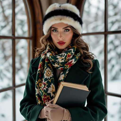 A stunning woman stands in front of a large, multi-paned window, framed by rich brown wood. The window, divided into sections by both vertical and horizontal bars, offers a picturesque view of a snow-covered landscape outside. The woman, with her long, wavy brown hair cascading past her shoulders, gazes directly at the camera with a serious expression. She wears a stylish white and black fur-trimmed hat, accented by a black band. Her makeup is meticulously applied, featuring bold red lipstick and defined eyebrows. She is dressed in a dark green coat, complemented by a vibrant scarf adorned with a floral pattern in shades of green, red, yellow, and white. Her hands, clad in tan gloves, hold a black book with yellow-edged pages. The overall scene exudes a sense of elegance and tranquility, capturing a moment of quiet contemplation.