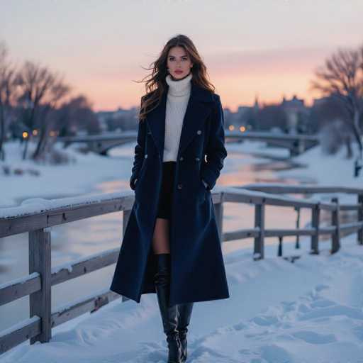 A striking photograph captures a young woman standing on a snow-covered bridge, framed by a picturesque winter landscape. She is dressed in a stylish ensemble featuring a long, dark blue peacoat with double-breasted buttons, a white turtleneck sweater, a short black skirt, and thigh-high black leather boots. Her long, dark brown hair cascades down to her chest, and she wears small earrings, adding a touch of elegance to her look. The woman stands with her hands in her pockets, gazing directly at the camera with a composed expression.

The bridge she stands on is blanketed in snow, with a wooden railing that also bears a layer of white. Behind her, a river flows, spanned by another bridge in the distance. The scene is set against a backdrop of bare trees and a cityscape, with buildings and street lights faintly visible. The sky above is a blend of gray and pink hues, suggesting either dawn or dusk, and the overall atmosphere is serene and slightly ethereal. The photograph is square in shape, capturing the essence of a quiet, wintry day.