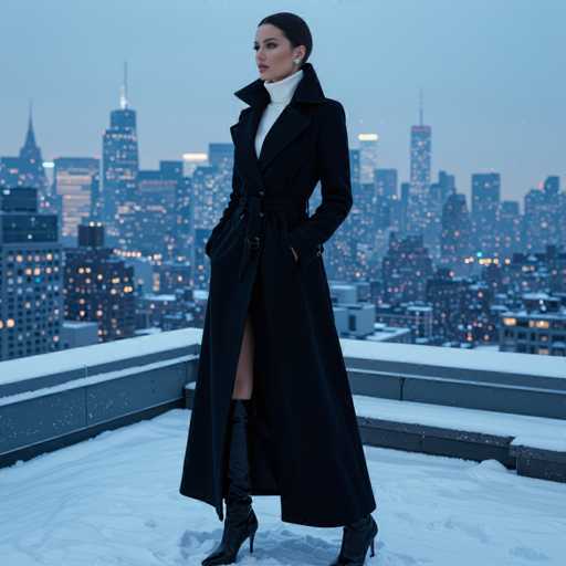 In this captivating image, a woman stands poised on a snow-covered rooftop, gazing off to the left. She is dressed in a striking ensemble featuring a long black trench coat with a belt and large buttons, paired with a white turtleneck sweater. Her black hair is neatly pulled back, and she wears a single earring in her left ear. The woman's high-heeled black boots, with heels approximately two inches tall, add to her elegant appearance. The rooftop's edge is lined with a gray barrier, and the scene is set against a backdrop of a city skyline, where numerous skyscrapers with illuminated windows create a stunning contrast against the darkening sky. The sky itself transitions from a deep blue to a lighter hue near the horizon, adding a serene touch to the wintry urban landscape.