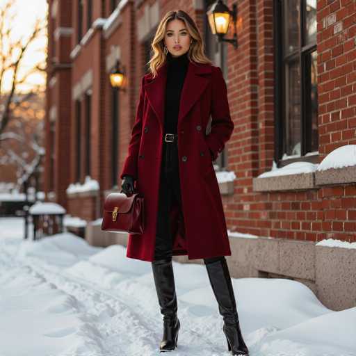 A striking photograph captures a woman standing in a snowy winter landscape. She is dressed in a long, dark red coat that extends past her knees, paired with black leather pants and matching boots. Her outfit is accessorized with a black turtleneck, a black belt with a silver buckle, and black gloves. A dark red leather purse with a gold clasp is held in her right hand, while her left hand is tucked into her coat pocket. Her long, wavy blonde hair cascades down to her shoulders, and she wears silver earrings. The woman stands confidently in the snow, with a brick building featuring black windows and a black light fixture visible behind her. The scene is set against a backdrop of a tree with bare branches, adding to the wintry atmosphere.