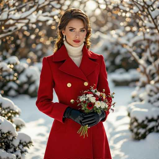 A stunning woman stands gracefully in a picturesque winter landscape, her presence commanding attention. She is dressed in a vibrant red coat adorned with elegant gold buttons, paired with sleek black gloves. Her ensemble is complemented by a pristine white turtleneck sweater, adding a touch of sophistication to her look. Her long, wavy brown hair cascades down her back, framing her face beautifully. She wears delicate silver earrings that catch the light, and her lips are painted a striking red, enhancing her poised appearance. In her hands, she holds a bouquet of fresh flowers, adding a splash of color to the snowy scene. The background is a serene winter wonderland, with snow-covered bushes and trees creating a tranquil setting. Sunlight filters through the branches, casting a warm glow over the entire scene, highlighting the woman's fair complexion and making her the focal point of this enchanting image.