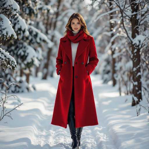 A striking photograph captures a young woman standing in a serene, snow-covered forest. She is positioned centrally in the frame, exuding confidence and poise. Her long, wavy brown hair cascades down to her shoulders, framing her face beautifully. She has fair skin and wears a vibrant red lipstick that complements her attire. Her eyes are accentuated with black eyeliner, adding a touch of elegance to her look.

She is dressed in a stylish ensemble that includes a long, red double-breasted coat with black buttons, which is open to reveal a white turtleneck sweater underneath. Her hands are casually tucked into the pockets of her coat, and she pairs this with sleek black leather pants and matching black boots. The coat extends down to her knees, adding a touch of sophistication to her outfit.

The background features a picturesque winter scene with numerous trees blanketed in snow, creating a tranquil and picturesque setting. The ground is covered in a thick layer of snow, with visible footprints leading towards her, suggesting she has been walking through the forest. The overall composition of the photograph is both captivating and serene, highlighting the contrast between the woman's bold attire and the peaceful, snowy landscape.