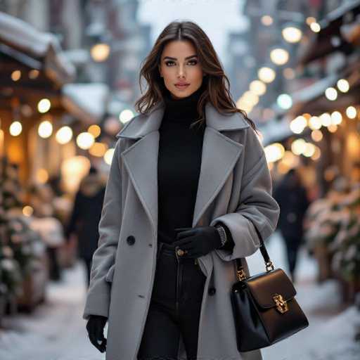 A striking photograph captures a woman standing in a snowy cityscape, exuding elegance and poise. She is dressed in a chic ensemble featuring a black turtleneck sweater, black jeans, and a long gray trench coat that extends to her knees. Her outfit is complemented by black gloves, a black leather purse with a gold clasp, and a silver watch on her left wrist. Her long brown hair cascades down, framing her face, which is adorned with pink lipstick and subtle eye makeup. She gazes directly at the camera with a composed expression. The background is blurred, revealing a wintry urban environment with snow-covered ground and buildings. The scene is illuminated by numerous lights, adding a warm glow to the cold setting. The overall composition highlights the woman's sophisticated presence against the serene, wintry backdrop.