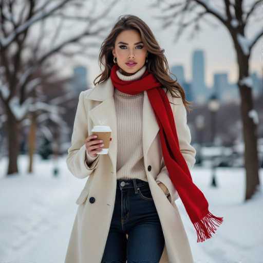 A stunning woman stands gracefully in a snowy winter landscape, her presence commanding attention. She has long, wavy brown hair cascading down to her shoulders, framing her face beautifully. Her makeup is meticulously applied, with striking blue eyes and pink lips that add a touch of softness to her look. She wears elegant gold earrings that catch the light, complementing her outfit perfectly.

Her attire is a harmonious blend of classic and modern. She dons a cozy white turtleneck sweater, layered under a chic white trench coat that exudes sophistication. A vibrant red scarf is wrapped around her neck, its fringes playfully fluttering in the breeze. Her outfit is completed with a pair of dark blue jeans, adding a casual yet stylish element to her ensemble.

In her right hand, she holds a coffee cup, the brown sleeve adorned with a white lid and bottom, suggesting a moment of warmth and comfort amidst the cold. Her left hand is casually tucked into her pocket, giving off an air of relaxed confidence.

The background reveals a serene winter scene, with snow blanketing the ground and trees dusted in white. A city skyline looms in the distance, adding an urban touch to the natural beauty of the setting. The overall image captures a moment of serene elegance and beauty, with the woman as the focal point against the picturesque winter backdrop.