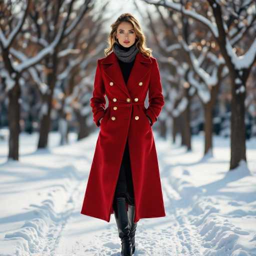 A stunning photograph captures a woman standing in a serene, snow-covered landscape. She is dressed in a striking red coat adorned with gold buttons, paired with a black turtleneck and a gray scarf. Her long, wavy blonde hair cascades down her shoulders, framing her face. She wears black leather boots, adding a touch of sophistication to her ensemble. The woman stands in the middle of a pathway flanked by trees on either side, their branches laden with snow. The ground is blanketed in a thick layer of snow, with visible tire tracks and footprints crisscrossing the path. The scene is bathed in sunlight, casting a gentle glow over the snow and highlighting the woman's features. She gazes directly at the camera, her expression serene and composed. The overall composition of the photograph is both elegant and captivating, showcasing the beauty of the winter landscape and the woman's poised presence.