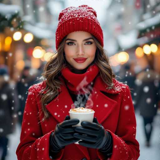 A captivating photograph captures a young woman standing in the midst of a bustling city street, enveloped in the serene beauty of a snowy day. She is dressed in a striking red coat, complemented by a matching red scarf and a vibrant red beanie, all adorned with delicate snowflakes. Her long brown hair cascades down, framing her face, which is highlighted by her dark eyebrows and striking blue eyes. Her lips are painted a bold red, adding to her winter ensemble. She wears black gloves, and in her hands, she holds a white cup of coffee, the steam rising invitingly from the surface. The background is a blur of city life, with indistinct figures and buildings, punctuated by the warm glow of streetlights and shop windows. Snowflakes gently fall around her, adding to the enchanting atmosphere of the scene.