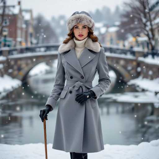 A striking photograph captures a woman standing in a snowy winter landscape. She is dressed in a long, gray coat that extends to her knees, featuring a fur-lined hood and a fur collar. The coat is fastened with a belt tied at the waist, and it has two black buttons on the front. She wears a white turtleneck sweater underneath, complemented by black leather gloves. Her long, wavy brown hair cascades from beneath a fur hat, and she has fair skin with red lips. In her right hand, she holds a brown wooden cane, while her left hand rests on her waist. The ground around her is blanketed in snow, and the background reveals a stone bridge spanning a river. The scene is framed by buildings on both sides of the river, with a gray sky overhead. Snowflakes are gently falling, adding to the serene winter atmosphere.