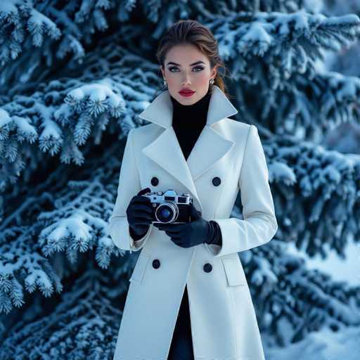 A captivating photograph features a young woman standing in front of a snow-covered pine tree. The tree's branches are adorned with a thick layer of snow, creating a picturesque backdrop. The woman, with her fair complexion, is dressed in a stylish white double-breasted coat, which is buttoned up and features a large collar. She wears a black turtleneck underneath, adding a touch of contrast to her outfit. Her dark brown hair is elegantly pulled back into a loose bun, and she has dark eyes that are accentuated by her black eyebrows. Her lips are painted a striking red, and she wears small, round earrings that add a subtle touch of elegance. She is holding a black and silver camera, with both hands covered in black gloves, suggesting she is prepared for the cold. The photograph captures her from the top of her head down to her mid-thigh, emphasizing her poised and confident stance. The overall composition of the image highlights the serene winter setting and the woman's poised presence, creating a visually striking and detailed portrait.