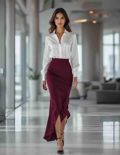 In this image, a woman is captured walking down a hallway, exuding elegance and poise. She is dressed in a long-sleeved white button-down shirt, paired with a flowing maroon skirt that extends to her ankles. The skirt features a slit on the left side, revealing her right leg adorned in black high-heeled shoes with ankle straps. Her long brown hair cascades down her back, complementing her fair complexion. She wears subtle makeup, including pink lipstick, and her expression is neutral as she gazes directly at the camera. The background is slightly blurred, revealing a modern office setting with white walls, large windows, and a gray couch positioned to the right. The floor is shiny and white, adding to the contemporary ambiance of the scene.