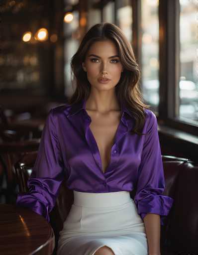 A woman in a purple satin shirt and white skirt sits at a dark wooden table, looking directly at the viewer. The lighting is soft and warm, with blurred bokeh lights in the background suggesting a dimly lit cafe or restaurant. The woman has long, wavy brown hair and is wearing subtle makeup. She's positioned in the center of the frame, with her arms resting on the table. The overall mood is elegant and sophisticated.