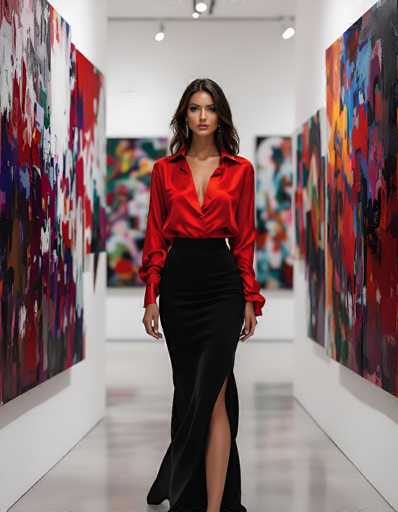 In this photograph, a woman with long, dark brown hair stands confidently in the center of an art gallery hallway. She is wearing a striking red, long-sleeved blouse with ruffled cuffs and a deep V-neck, paired with a sleek black pencil skirt that features a high slit revealing her leg. Her outfit is complemented by long, dangling earrings. The hallway is lined with vibrant, abstract paintings on both sides, each featuring a mix of colors such as red, blue, purple, and white. The paintings are large and modern, creating a dynamic visual backdrop. The gallery's white walls and shiny gray floor add to the contemporary ambiance, while track lighting from the ceiling illuminates the artwork. The woman, who appears to be of Caucasian descent, stands with her hands at her sides, gazing directly at the camera, exuding a sense of poise and elegance.