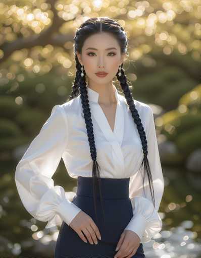 In this captivating photograph, a young Asian woman stands gracefully in a serene outdoor setting. She is adorned in a crisp white blouse with puffy sleeves and a V-neck, paired elegantly with a navy blue skirt that features a matching belt. Her long, dark hair is intricately braided into two pigtails that cascade down to her waist, with loose strands framing her face. She wears delicate silver earrings that add a touch of sparkle to her ensemble. Her makeup is subtle yet striking, with a hint of red lipstick and carefully applied eyeliner that accentuates her expressive brown eyes. Her hands rest gently on her skirt, and she gazes directly into the camera with a composed and serene expression. The background is softly blurred, revealing hints of green foliage and a shimmering body of water, possibly a pond or lake, which reflects the sunlight. The overall scene is bathed in a warm, golden light, suggesting it is either early morning or late afternoon, adding a magical glow to the photograph.