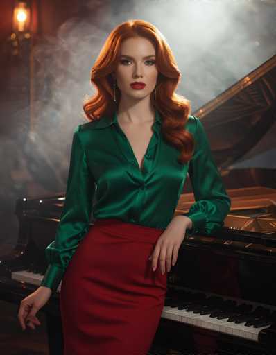 The image features a striking woman with long, wavy red hair cascading past her shoulders. She is dressed in a shiny green silk blouse with a V-neck, partially unbuttoned to reveal a hint of cleavage, and a red pencil skirt. Her makeup is bold, with bright red lipstick and dark, defined eyebrows. She stands confidently in front of a black grand piano, her left elbow resting on the piano's edge, and her right hand hanging by her side. The piano's top is open, and the keys are visible. The background is hazy and smoky, with a light fixture in the upper left corner casting a warm glow. The overall scene exudes a dramatic and glamorous atmosphere, reminiscent of a classic jazz club or cabaret.
