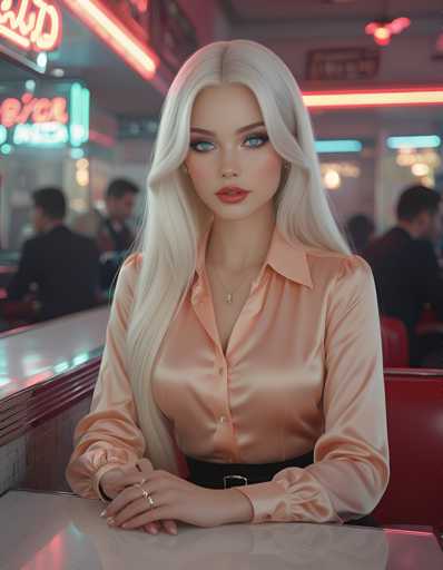 A woman with blonde hair is seated at a table in a restaurant. She is wearing a pink blouse and black pants. The background features neon signs and other patrons enjoying their meals.