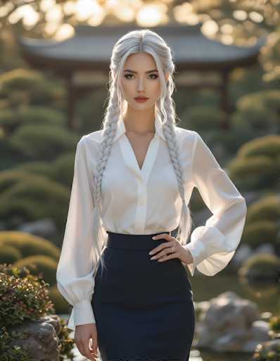 In this captivating image, a young woman stands confidently in a serene garden setting, exuding an air of elegance and poise. She is dressed in a crisp white button-up shirt with a V-neck, paired with a sleek black pencil skirt that accentuates her figure. Her long, silvery blonde hair is styled into two braids that cascade over her shoulders, adding a touch of whimsy to her sophisticated appearance. Her makeup is meticulously applied, featuring bold red lipstick that contrasts beautifully with her fair complexion. She stands with one hand on her hip, showcasing two rings on her fingers, while her other hand rests at her side. The background is softly blurred, highlighting the lush greenery of the garden, including bushes, trees, and a small pond. A traditional Japanese-style structure with a curved roof peeks out from behind her, enhancing the cultural ambiance of the scene. The overall composition captures a moment of quiet grace and beauty, set against a tranquil natural backdrop.