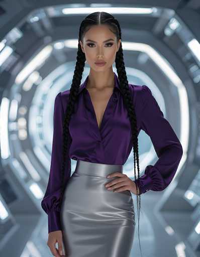 In this captivating image, a woman stands confidently in front of a futuristic, sci-fi inspired background. The backdrop features a series of concentric hexagons, each illuminated by a soft white light, creating a mesmerizing tunnel effect that draws the eye towards the center. The woman, with her tan skin and striking black hair styled into two long braids that cascade down to her waist, exudes an aura of elegance and strength. Her makeup is meticulously applied, highlighting her dark eyes and full lips. She is dressed in a purple silk blouse with puffy sleeves that gather at her wrists, adding a touch of drama to her attire. The blouse is unbuttoned at the top, revealing a hint of sophistication. Her outfit is completed by a tight, silver leather pencil skirt that accentuates her figure. She stands with one hand on her hip, striking a pose that radiates self-assurance and poise.